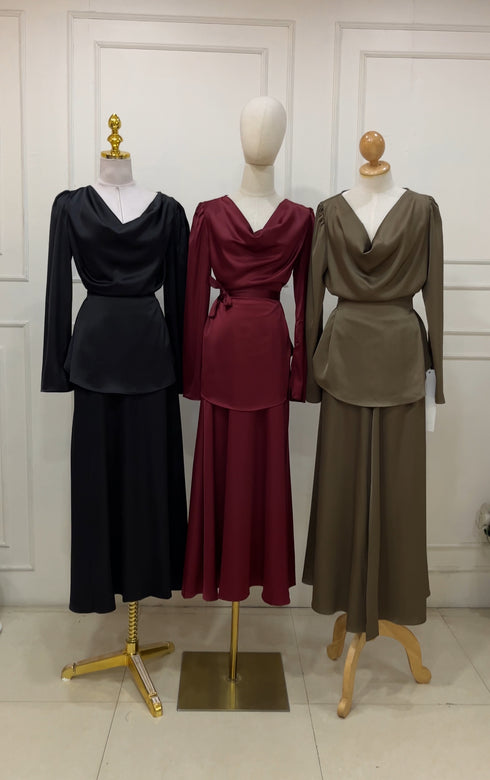 Cowl Neck Waist Rope Tie Tops With Long Skirts Sets